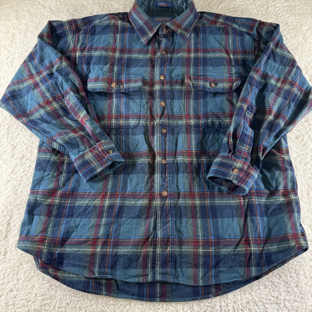 Pendleton Flannel Button Up Wool Shirt Men XL Blue Plaid Flap Pocket Red Striped